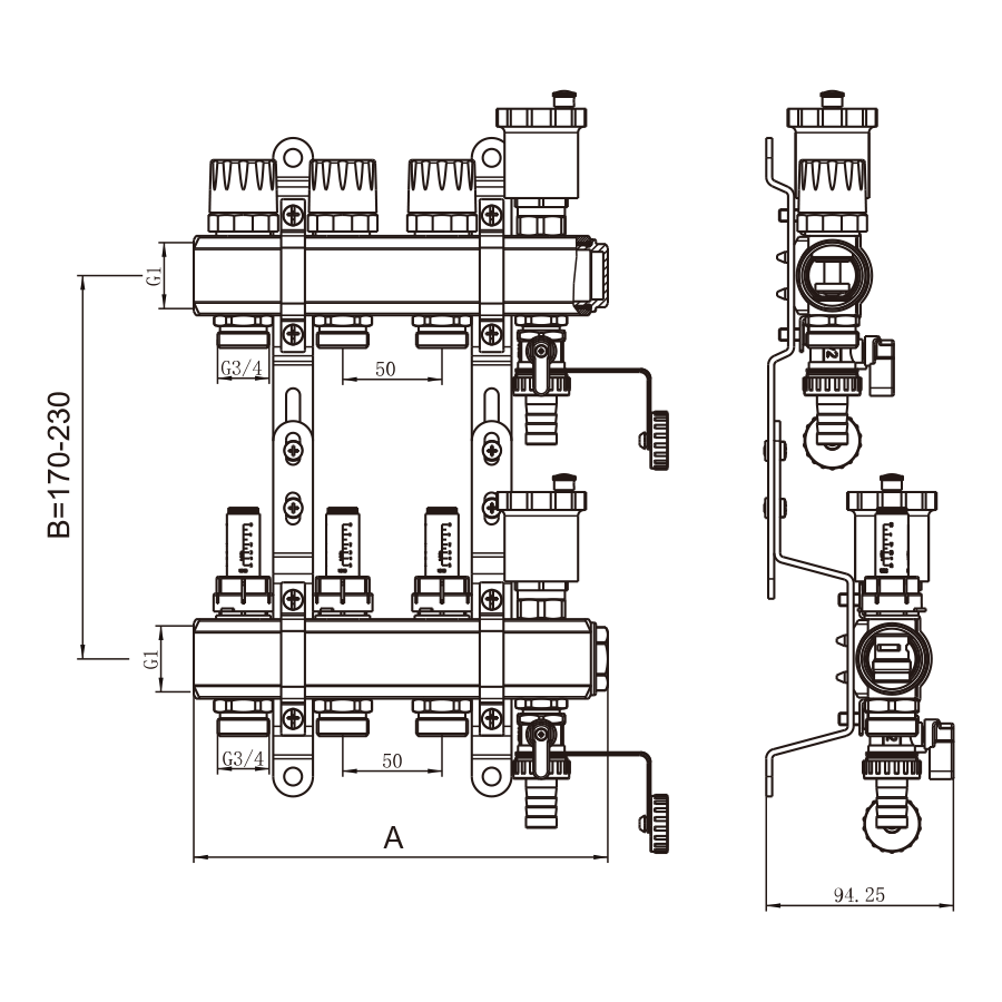 Коллекторная группа 1", 12 ходов, латунный корпус, торцевой без кранов