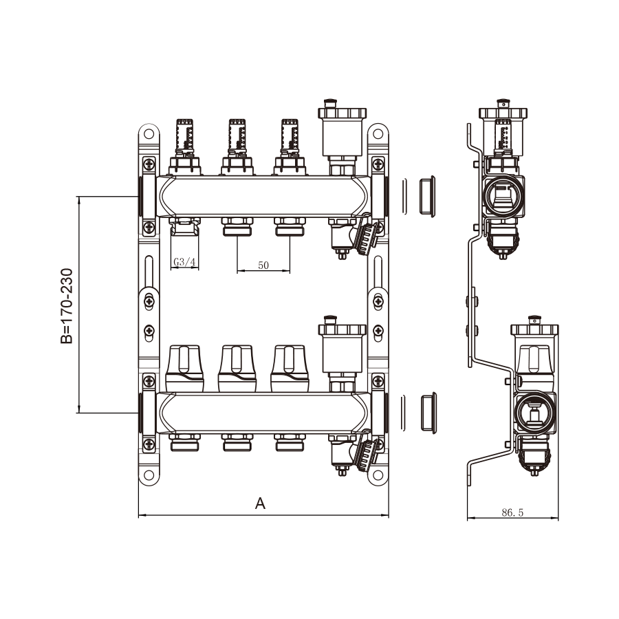 Коллекторная группа 1", 6 ходов, нержавеющий корпус, "КВАДРАТ" с расходомерами