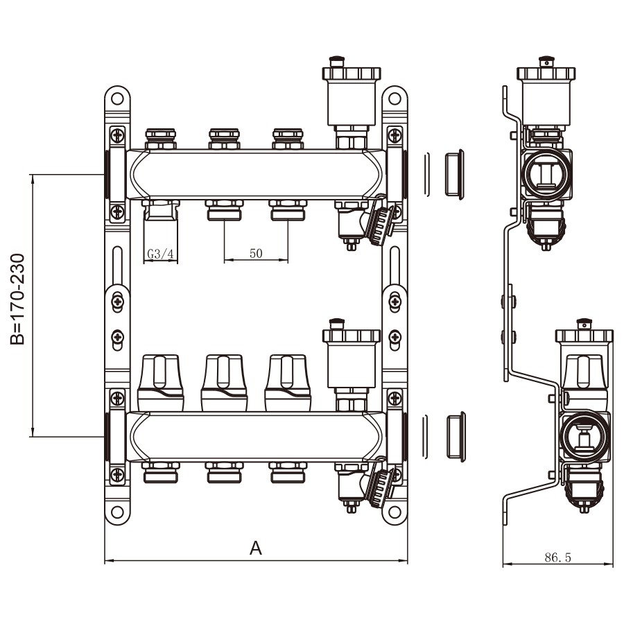 Коллекторная группа БЕЗ расходомеров "КВАДРАТ", из нержавеющей стали, 1", 6 ходов