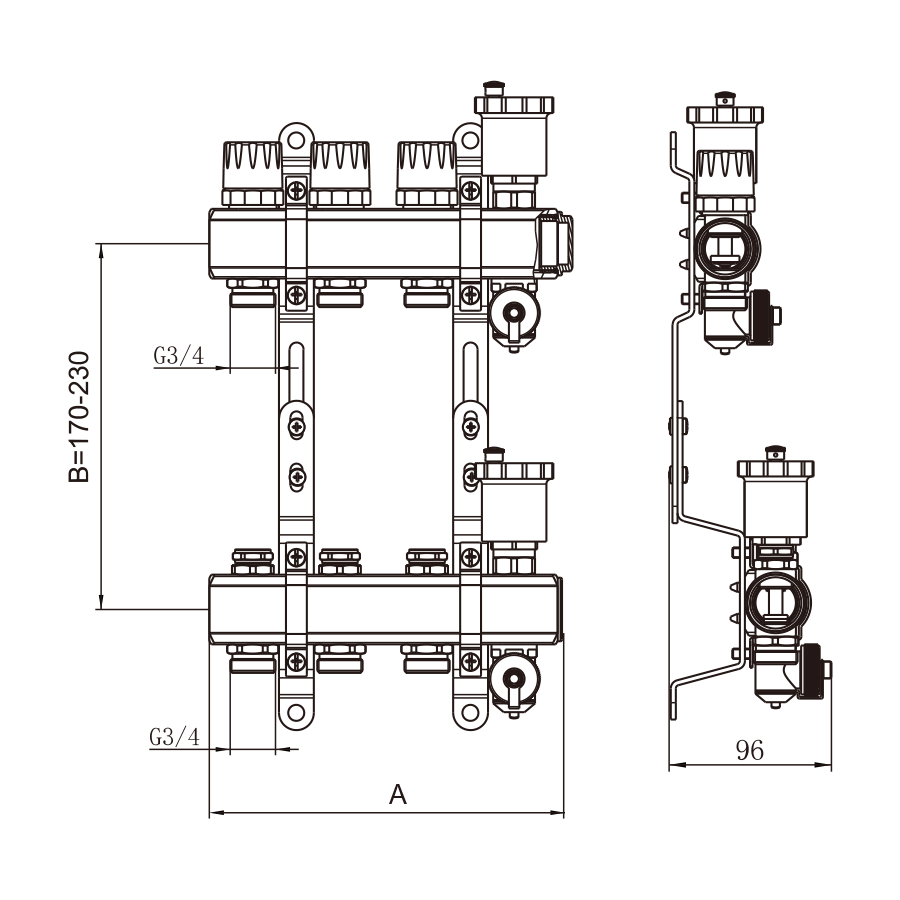 Коллекторная группа 1", 6 ходов, латунный корпус, без расходомера и кранов