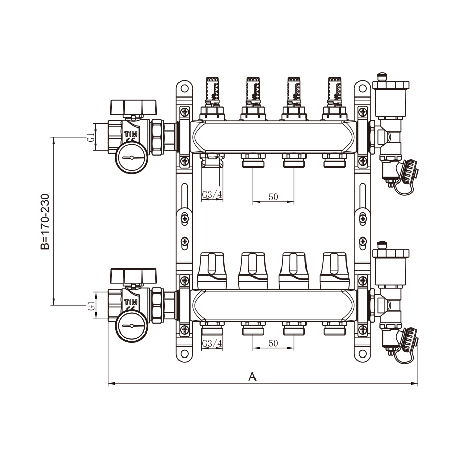 Коллекторная группа 1", 2 ходов, нержавеющий корпус, "КВАДРАТ" с расходомерами