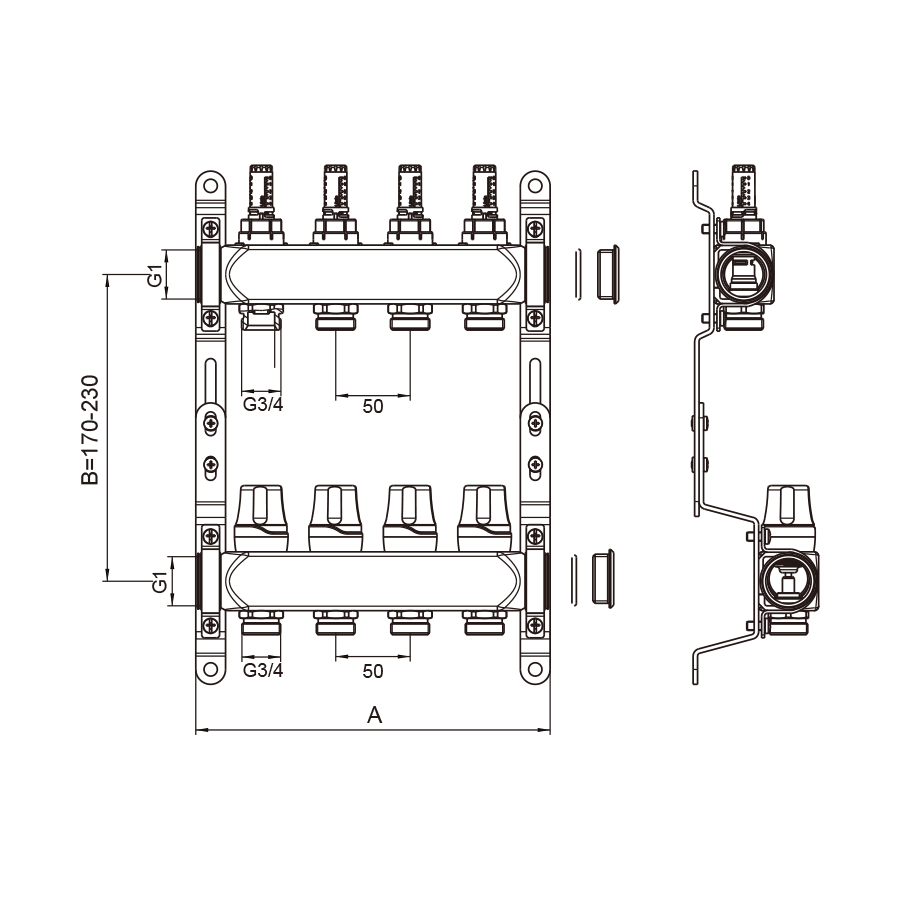 Коллекторная группа 1", 2 ходов, нержавеющий корпус, "КВАДРАТ" упрощеный вариант