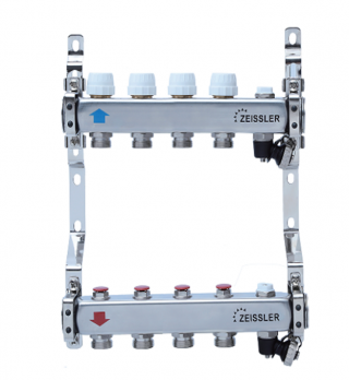 Коллекторный блок из нерж стали с настроечными, термостат, дрен клапанами и воздухоотв 4 выхода