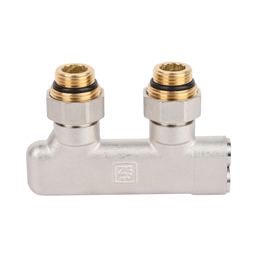 Узел угловой перекрёстный НВ радиаторный со встроенными запорными вентилями, с ниппелями 1/2*3/4Е