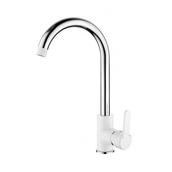 Смеситель для кухни 35к L4003W Ledeme высокий излив, боковая, под гайку БЕЛЫЙ+хром, латунь