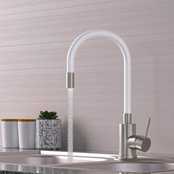 Смеситель для кухни 35k MIXLINE MLSS-0325 БЕЛЫЙ гибкий силиконовый излив, п/гайку САТИН