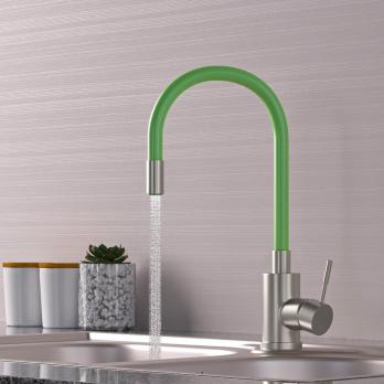 Смеситель для кухни 35k MIXLINE MLSS-0325 ЗЕЛЕНЫЙ гибкий силиконовый излив, п/гайку САТИН