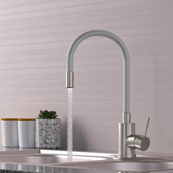 Смеситель для кухни 35k MIXLINE MLSS-0325 СЕРЫЙ гибкий силиконовый излив, п/гайку САТИН