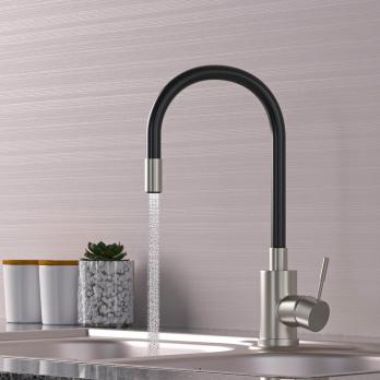 Смеситель для кухни 35k MIXLINE MLSS-0325 ЧЕРНЫЙ гибкий силиконовый излив, п/гайку САТИН