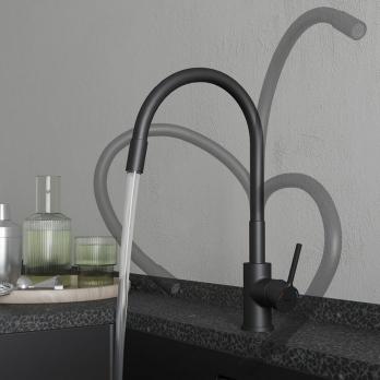 Смеситель для кухни 35к Milardo M01BL0FM05 "Meal" гибкий, высокий пов. излив, п/гайку, ЧЕРНЫЙ мат