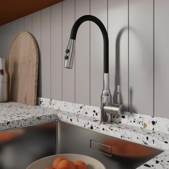 Смеситель для кухни 35к Milardo M01SB2FM05 "Meal" гибкий, высокий пов. излив, п/гайку ЧЕРНЫЙ-Хром