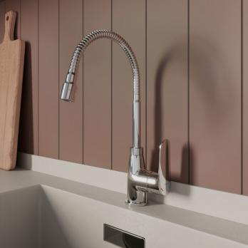 Смеситель для кухни 35к Milardo M07SB2FM05 "Meal" гибкий, высокий пов. излив, п/гайку, ХРОМ