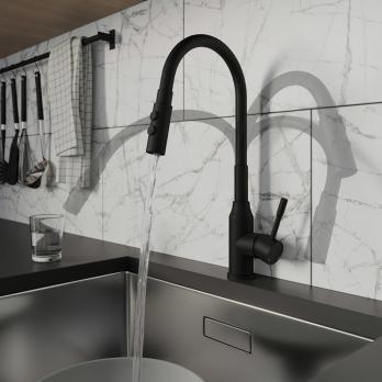 Смеситель для кухни 35к Milardo M01BL2FM05 "Meal" выс.гибкий излив, душ насадка 2реж, п/гайку ЧЕРНЫЙ