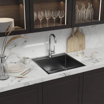 Мойка настол.монтаж 50х50 (3,0) вып 3 1/2  MIXLINE PRO 20см с сифоном (черный графит НАНО декор)