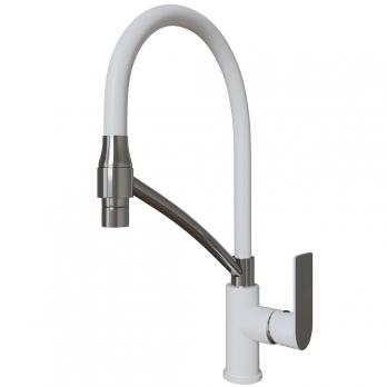 Смеситель для кухни 35k MIXLINE ML33-108 "City White" гибкий излив с фикс. бок.ручка БЕЛЫЙ/ХРОМ