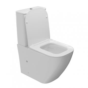 Унитаз-компакт безободковый WAVE QUADRO гориз, нижн, 2-кн.арм, сид. дюропл, м/л, быстр, БЕЛЫЙ глянец