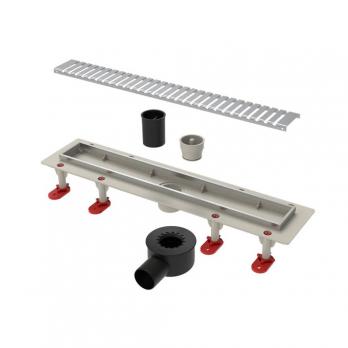 Трап линейный ТП-55.1D-900 решетка и рамка из нерж. стали, с гориз. выходом D50 мм