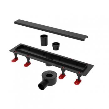 Трап линейный ТП-55C-600 решетка из нерж. стали с гориз. выходом D50 мм, рамка из пластика ЧЕРНЫЙ