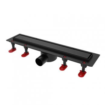 Трап линейный ТП-55C-600 решетка из нерж. стали с гориз. выходом D50 мм, рамка из пластика ЧЕРНЫЙ