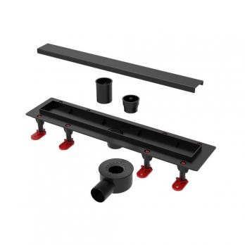 Трап линейный ТП-55C-700 решетка из нерж. стали с гориз. выходом D50 мм, рамка из пластика ЧЕРНЫЙ