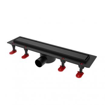 Трап линейный ТП-55C-900 решетка из нерж. стали с гориз. выходом D50 мм, рамка из пластика ЧЕРНЫЙ