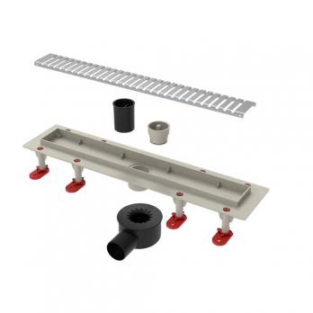 Трап линейный ТП-55D-500 решетка из нерж. стали "Полосы" с гориз. выходом D50 мм рамка из пластика