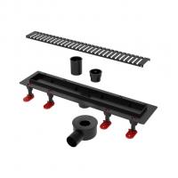 Трап линейный ТП-55D-600 решетка из нерж. стали "Полосы"с гориз. вых.D50 мм рамка из пластика ЧЕРНЫЙ