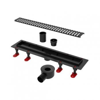 Трап линейный ТП-55D-600 решетка из нерж. стали "Полосы"с гориз. вых.D50 мм рамка из пластика ЧЕРНЫЙ