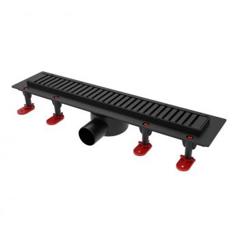 Трап линейный ТП-55D-700 решетка из нерж. стали "Полосы"с гориз. вых.D50 мм рамка из пластика ЧЕРНЫЙ