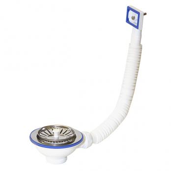 Перелив д/мойки 3 1/2" (112 мм) с нерж. сеткой прямоуг. E155P (винт, шток, ручка-пластик) UNICORN