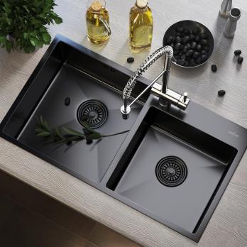 Мойка настол.монтаж 72х40 (3,0) 2-х ЧАШЕВАЯ вып 3 1/2  MIXLINE PRO 22см с сифоном (черный графит)