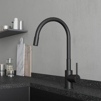 Смеситель для кухни 35к Milardo M01BL0FM05 "Meal" гибкий, высокий пов. излив, п/гайку, ЧЕРНЫЙ мат