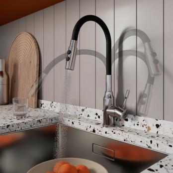 Смеситель для кухни 35к Milardo M01SB2FM05 "Meal" гибкий, высокий пов. излив, п/гайку ЧЕРНЫЙ-Хром