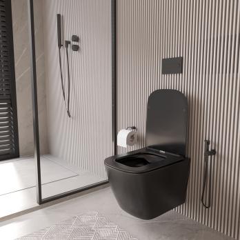 Унитаз подвесной безободковый WAVE QUADRO сид. дюропласт, м/л, быстр, ЧЕРНЫЙ матовый (XL)