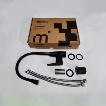 Смеситель для кухни 35к Milardo M07BL2FM05 "Meal" выс.гибкий излив, душ насадка, п/гайку ЧЕРНЫЙ мат