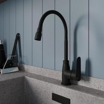 Смеситель для кухни 35к Milardo M07BL2FM05 "Meal" выс.гибкий излив, душ насадка, п/гайку ЧЕРНЫЙ мат
