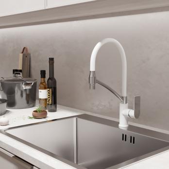 Смеситель для кухни 35k MIXLINE ML33-108 "City White" гибкий излив с фикс. бок.ручка БЕЛЫЙ/ХРОМ