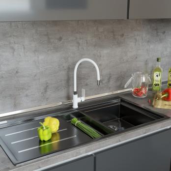 Смеситель для кухни 35к MIXLINE ML33-098 "City White" гибкий излив, б/отв, боковая ручка БЕЛЫЙ/ХРОМ