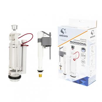 Арматура к смыв. бачку 2-ух Кноп. UNICORN хром, универс. (бок/ниж.подв, лат.штуцер 3/8") KAU_K/L_3/8