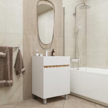 Тумба д/ванной "БРИКС-60" 2 створки белый/дуб вотан под рак."Breeze 60" мебельный (Sanita Luxe)(ПВХ)