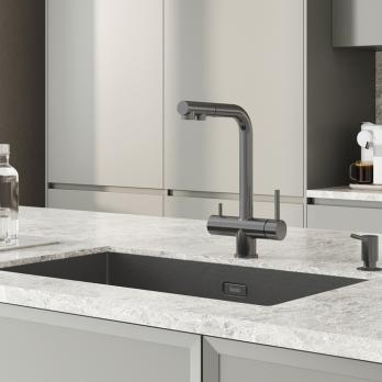 Смеситель для кухни 35к IDDIS UMBGMPFi05 "Umbra" с вых для пит.фильтра выс.пов.излив, п/гайку ГРАФИТ