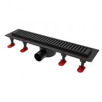 Трап линейный ТП-55D-600 решетка из нерж. стали "Полосы"с гориз. вых.D50 мм рамка из пластика ЧЕРНЫЙ