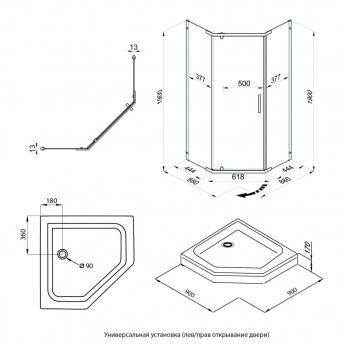 Душевое ограждение Дека-Блэк, 90х90, пятиугольник низкий поддон