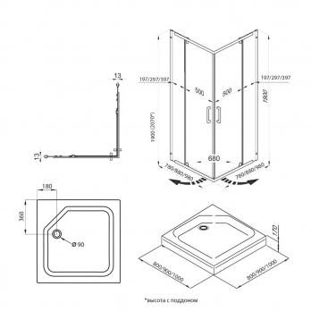 Душевое ограждение Каппа-Хром 90х90, квадрат, низкий поддон